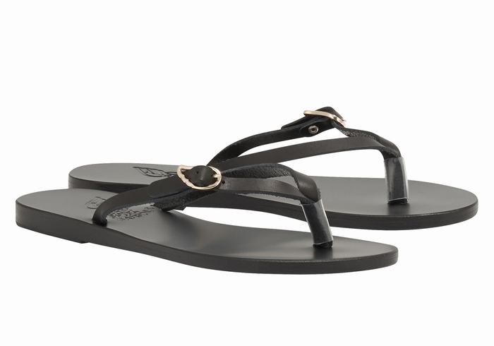 Ancient Greek Sandals Dihalo Leather Flip Flops Dame Svarte | LJQ7034HB