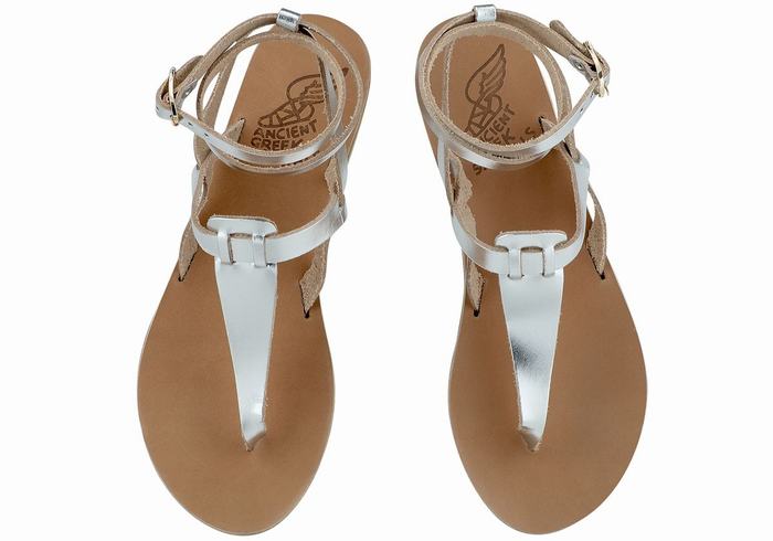 Ancient Greek Sandals Estia Leather Sandaler Med Ankelrem Dame Sølv | JCC2264GN