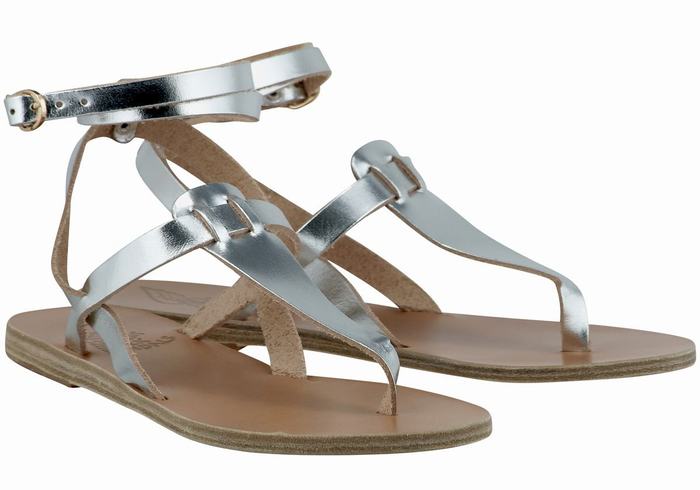 Ancient Greek Sandals Estia Leather Sandaler Med Ankelrem Dame Sølv | JCC2264GN