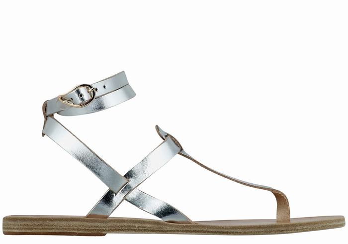 Ancient Greek Sandals Estia Leather Sandaler Med Ankelrem Dame Sølv | JCC2264GN