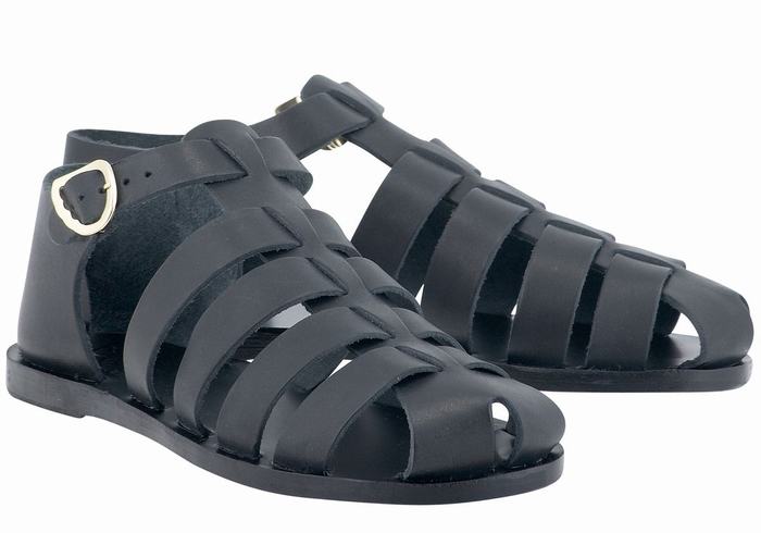 Ancient Greek Sandals Homeria Leather Fisker Sandaler Dame Svarte | OYA9420CL