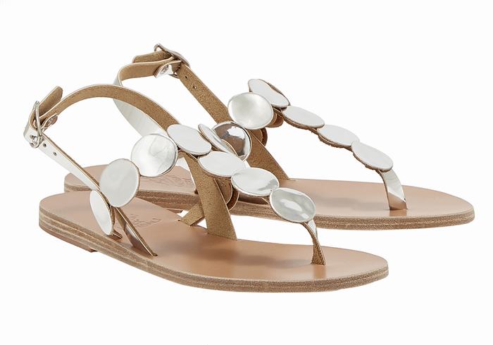 Ancient Greek Sandals Ilios Flip Flop Leather Sandaler Med Ryggreim Dame Sølv | CIW2194JB