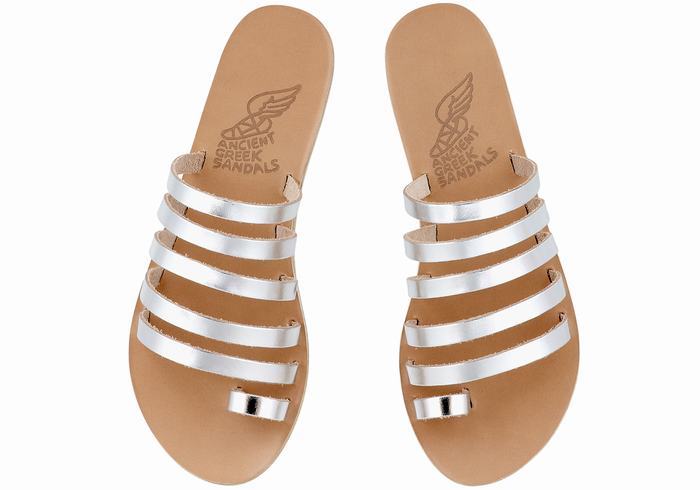 Ancient Greek Sandals Niki Leather Sandaler Med Tåstolper Dame Sølv | YAE2455LL