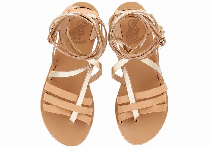 Ancient Greek Sandals Satira Leather Gladiatorsandaler Dame Beige Gull Hvite | GCF7218YS