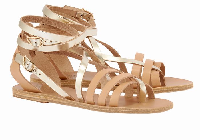 Ancient Greek Sandals Satira Leather Gladiatorsandaler Dame Beige Gull Hvite | GCF7218YS