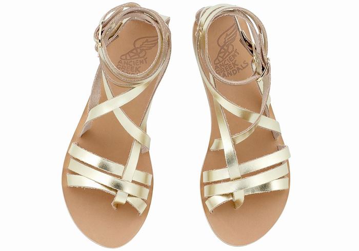 Ancient Greek Sandals Satira Leather Gladiatorsandaler Dame Gull Hvite | UMC9486PC